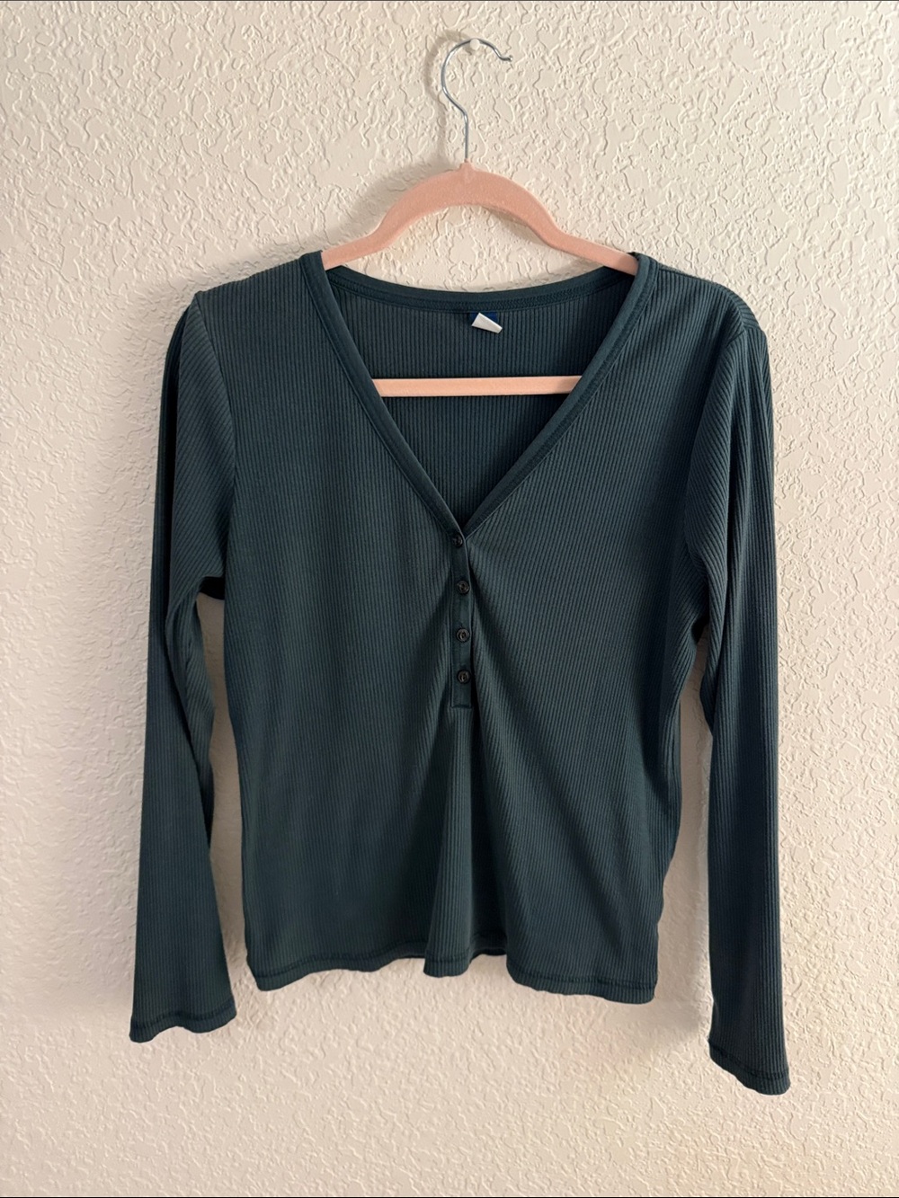 Old Navy Dark Green Ribbed V-Neck Henley Long Sleeve Top